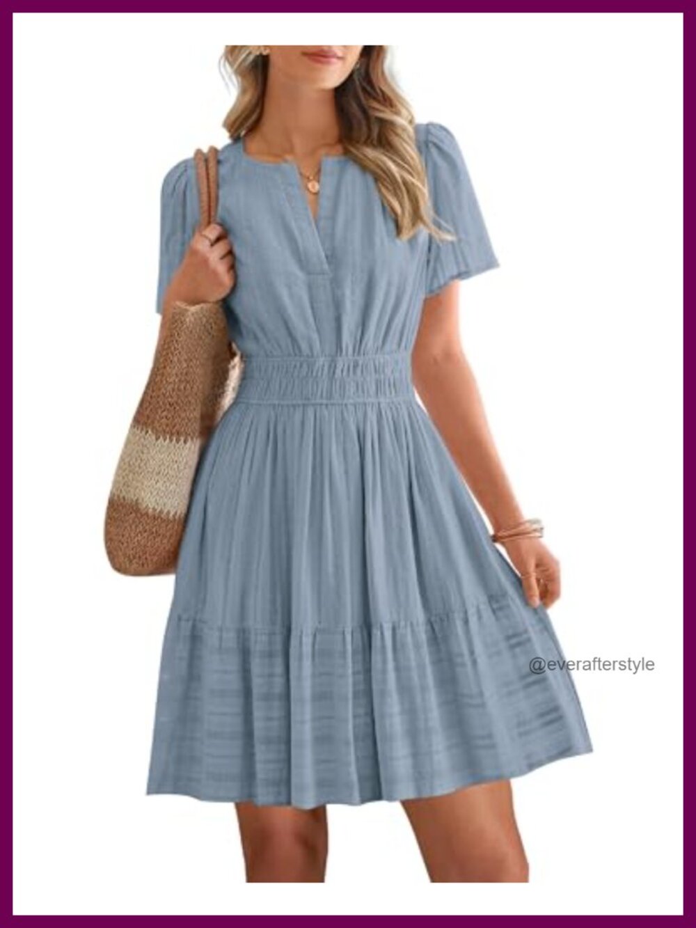 Womens Summer Mini Dress V Neck Short Sleeve Smocked Waist A Line Casual